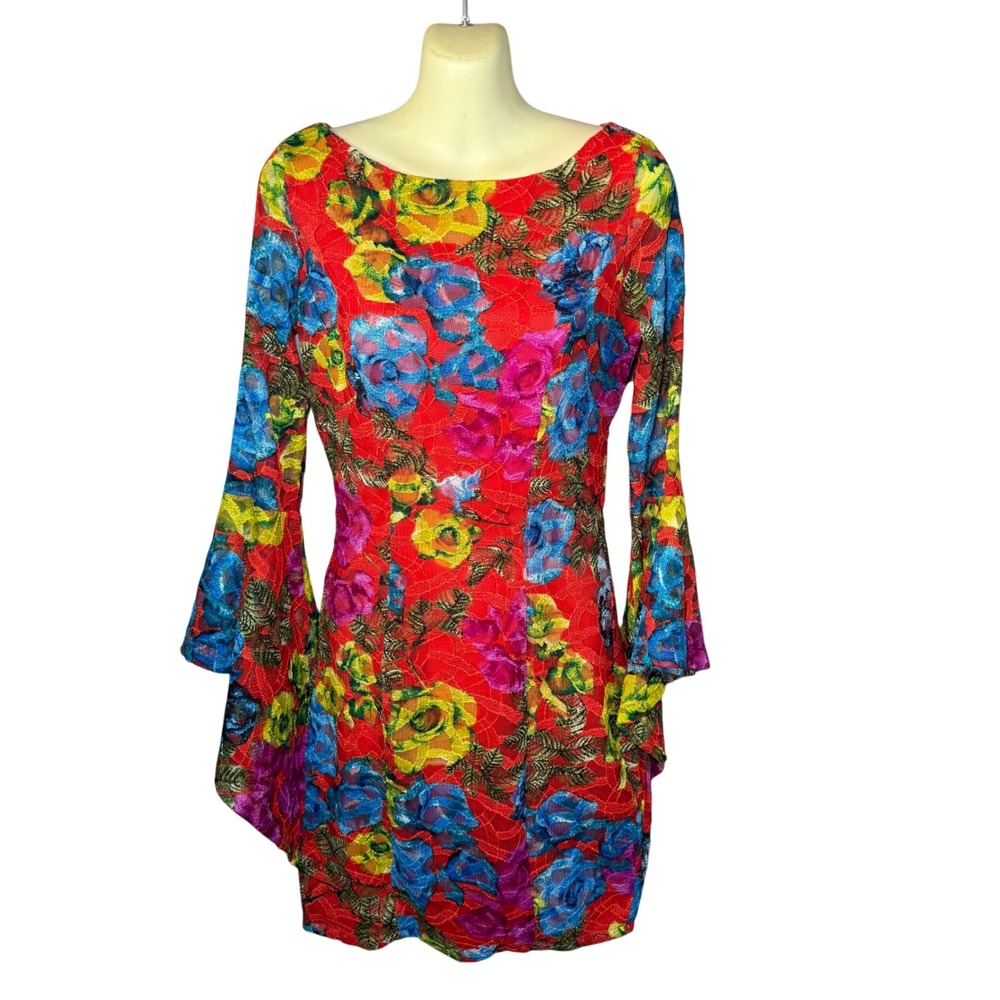 Xtaren Floral Lace Mini Dress Womens M Red Bell Sleeve‎ Bodycon Boho Festival